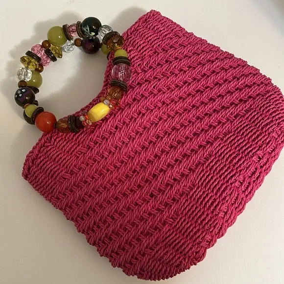 Cappelli Mini Handbag Purse Hot Pink Beaded Handle Woven Straw Summer Fun Small - Picture 4 of 16